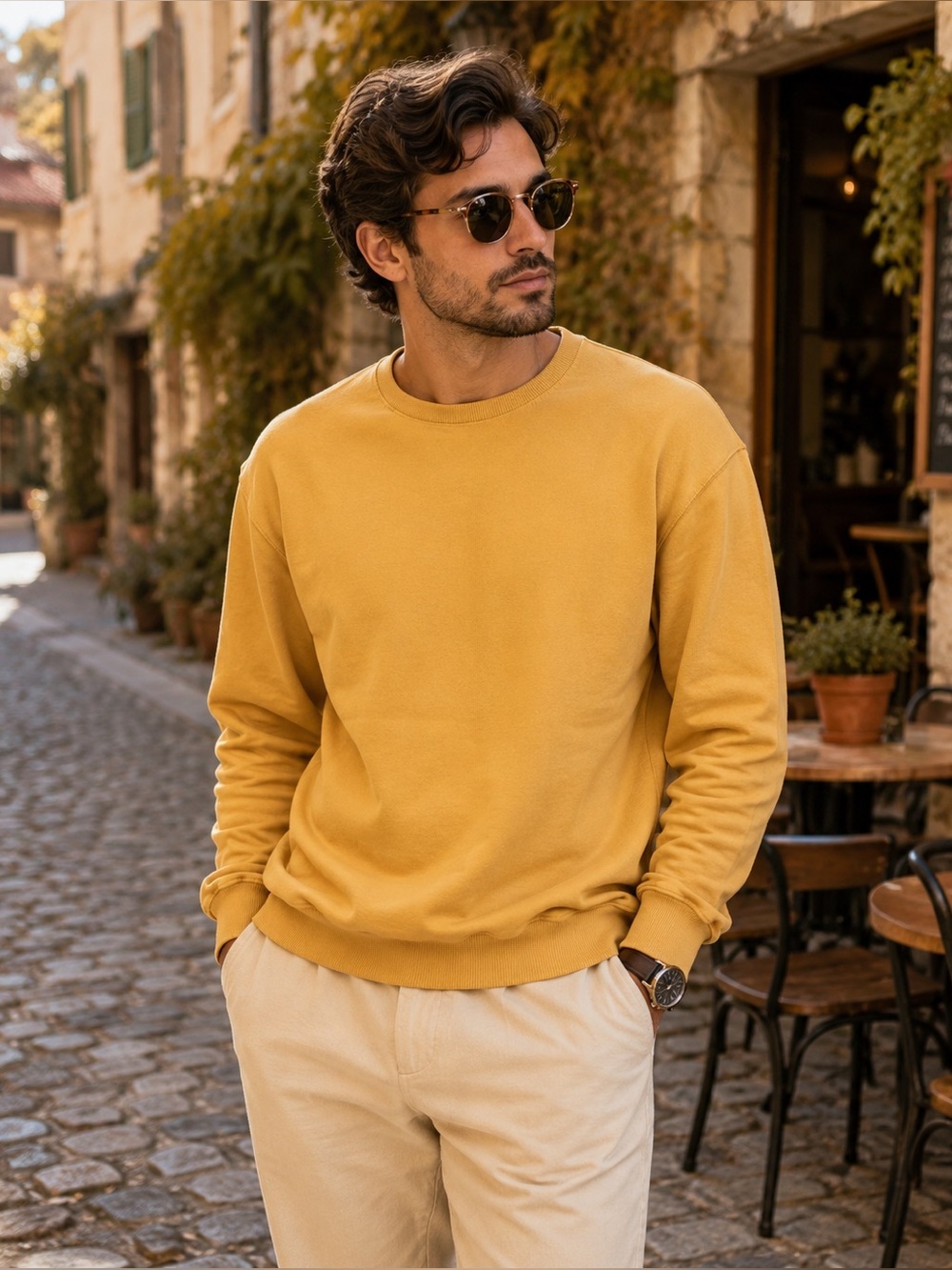 Massimo Dutti Pullover Sweater Men XXL Extra Fine Cotton Mustard Yellow Crewneck
